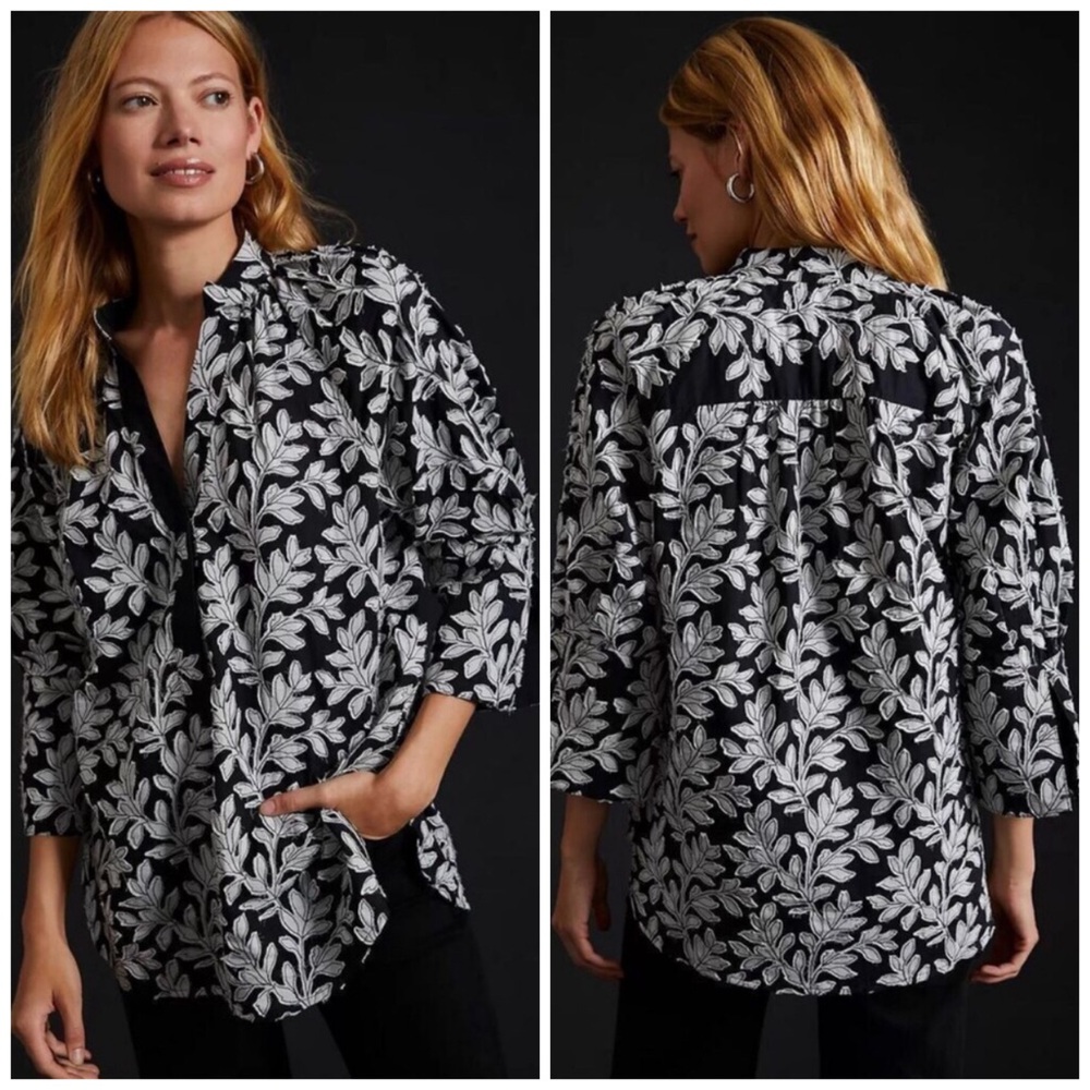 Anthropologie Floral Popover Cotton Blouse Tunic Top
